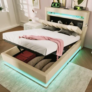 Bed 90×200 cm met opberghoofdeinde, USB- en Type-C-aansluitingen, LED-verlichting, met hydraulische opbergruimte, in grijs linnen (218x92x112 cm)