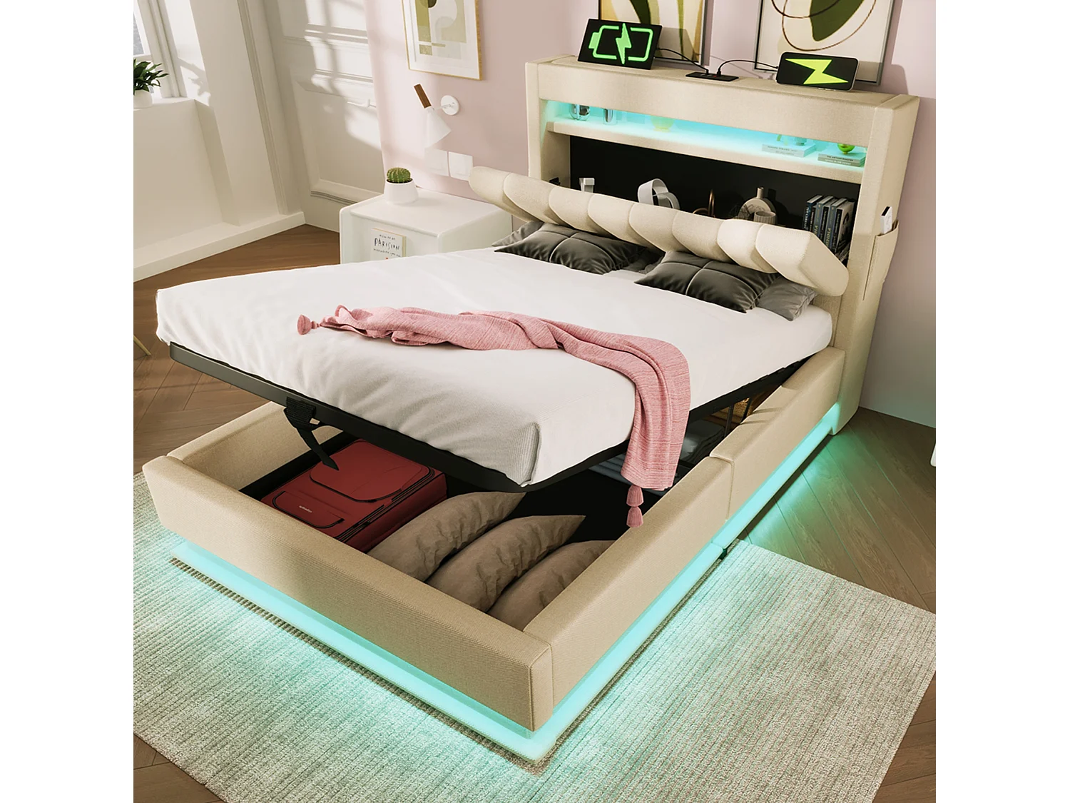 Bed 90x200 cm met opberghoofdeinde, USB- en Type-C-aansluitingen, LED-verlichting, met hydraulische opbergruimte, in grijs linnen (218x92x112 cm)