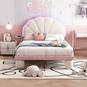 Bed met veelkleurige LED's, gebeeldhouwd hoofdeinde, ronde, gewatteerde poten, fluweel, beige+roze, 90×200 cm Bed met veelkleurige LED's, gebeeldhouwd hoofdeinde, ronde, gewatteerde poten, fluweel, beige+roze, 90×200 cm