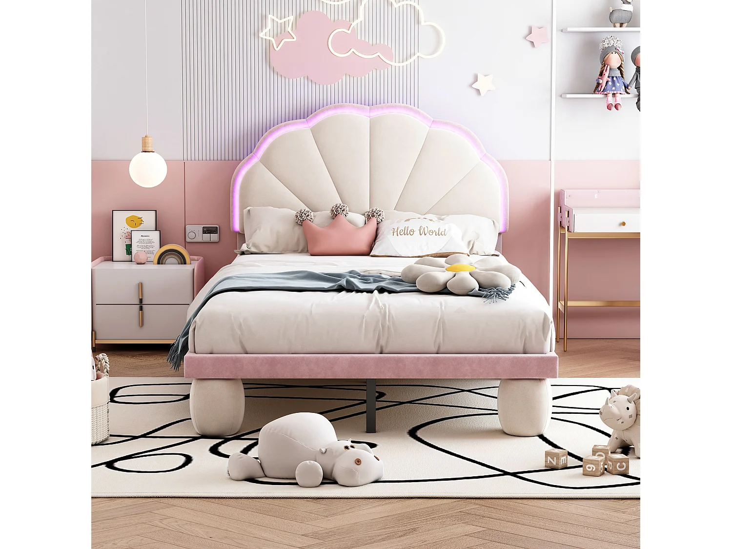 Bed met veelkleurige LED's, gebeeldhouwd hoofdeinde, ronde, gewatteerde poten, fluweel, beige+roze, 90x200 cm