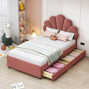 Bed 90×200 cm met bloemenhoofdeinde en 2 opberglades, roze fluwelen frame, matras niet inbegrepen (203x90x116 cm) Bed 90×200 cm met bloemenhoofdeinde en 2 opberglades, roze fluwelen frame, matras niet inbegrepen (203x90x116 cm)