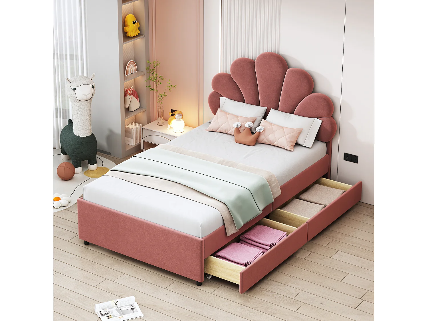 Bed 90x200 cm met bloemenhoofdeinde en 2 opberglades, roze fluwelen frame, matras niet inbegrepen (203x90x116 cm)