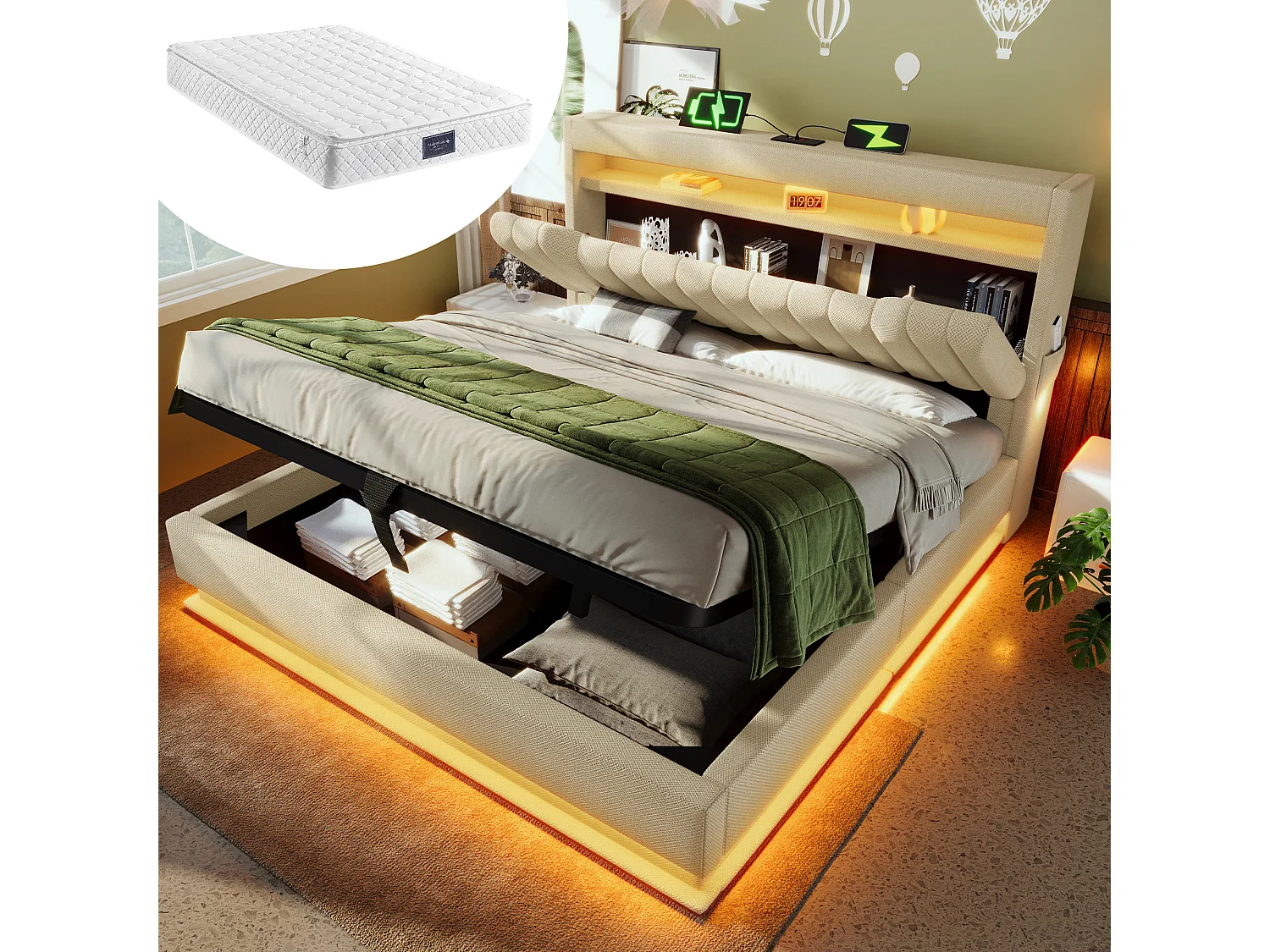 Bed van 140x200 cm met opberghoofdeinde, USB- en Type-C-poorten, ledverlichting, hydraulische opbergruimte, beige linnen, met matras (218x142x112 cm)