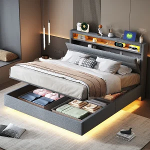 Bed met verstelbaar hoofdeinde 140×200 cm, hydraulisch zwevend frame met opbergruimte, USB en LED, grijze stof (214x141x110 cm)
