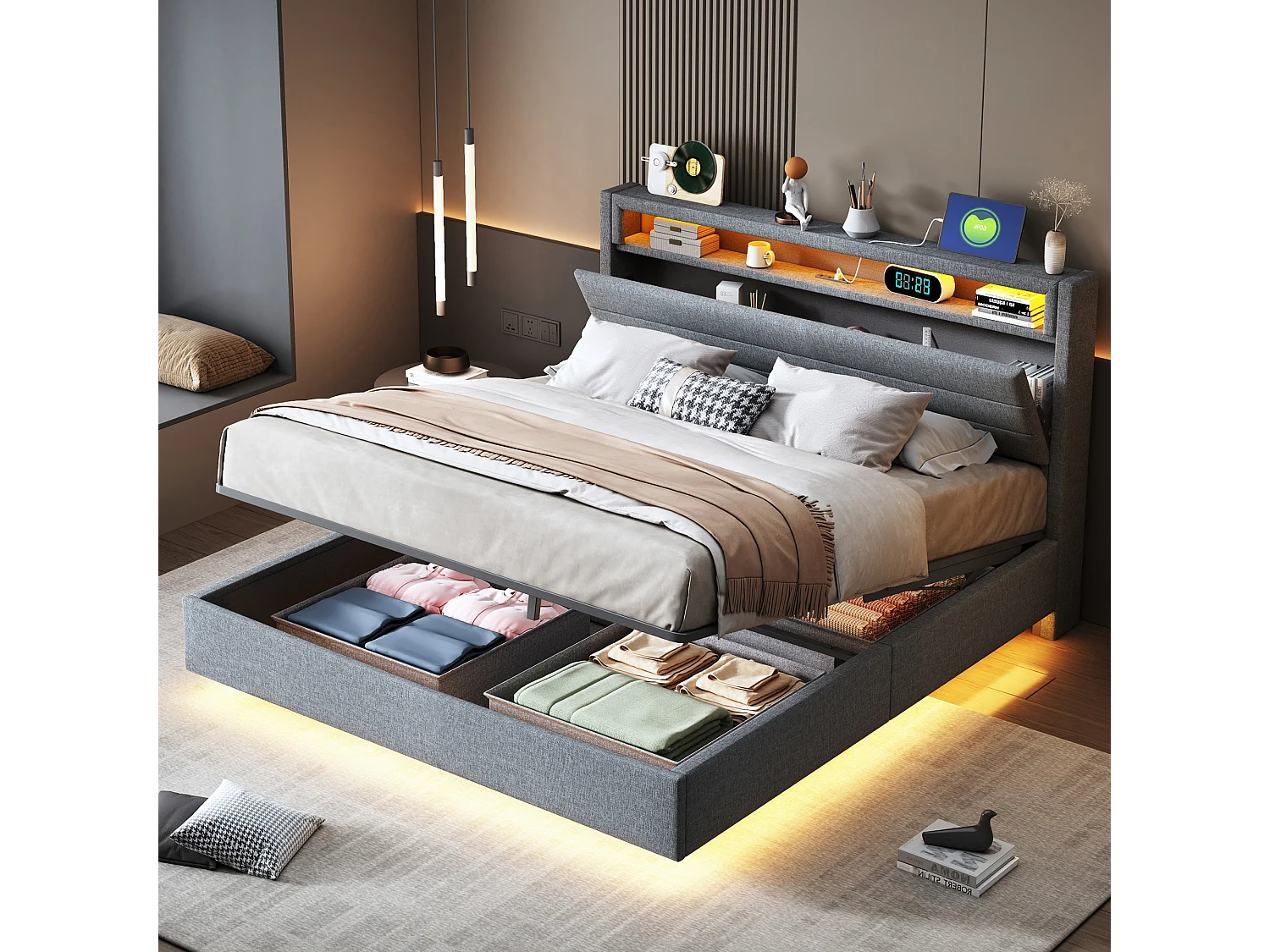 Bed met verstelbaar hoofdeinde 140x200 cm, hydraulisch zwevend frame met opbergruimte, USB en LED, grijze stof (214x141x110 cm)