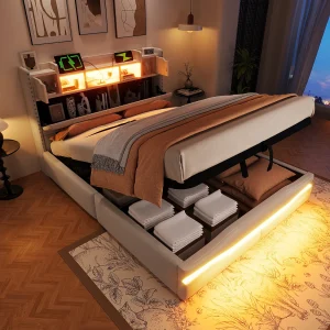 Bed met hydraulische opbergruimte, 140x200cm, Hoofdbord met opbergruimte, USB-oplaadfunctie, LED-verlichting, Beige (218x145x110 cm) Bed met hydraulische opbergruimte, 140x200cm, Hoofdbord met opbergruimte, USB-oplaadfunctie, LED-verlichting, Beige (218x145x110 cm)