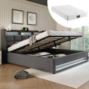 Bed met USB-oplaadfunctie en LED, 140×200 cm, katoenen frame, met opbergruimte onder het bed (Afmetingen: 208x170x104 cm) Bed met USB-oplaadfunctie en LED, 140×200 cm, katoenen frame, met opbergruimte onder het bed (Afmetingen: 208x170x104 cm)