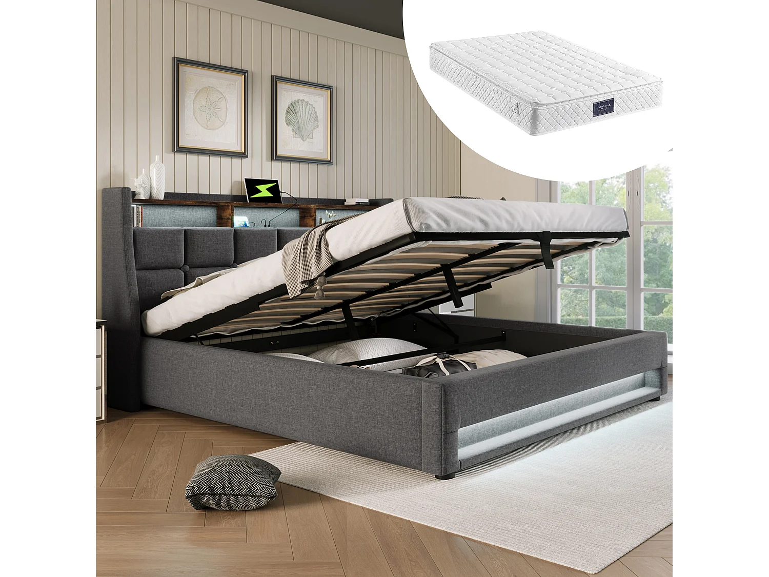 Bed met USB-oplaadfunctie en LED, 140x200 cm, katoenen frame, met opbergruimte onder het bed (Afmetingen: 208x170x104 cm)