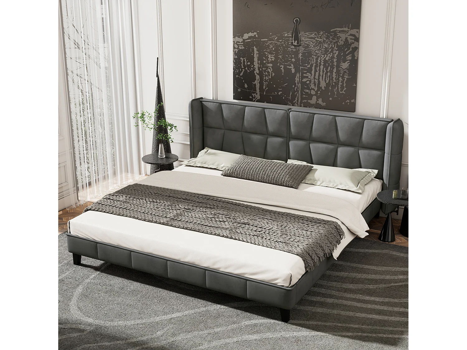Bed met verstelbaar hoofdeinde, 180x200 cm, met lattenbodem, modern design, fluweel, grijs