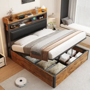 Bed 140×200 met hydraulisch systeem, gestoffeerd hoofdeinde, vintage hout en metaal, verborgen opbergruimte, USB, wit (218,5x148x112 cm) Bed 140×200 met hydraulisch systeem, gestoffeerd hoofdeinde, vintage hout en metaal, verborgen opbergruimte, USB, wit (218,5x148x112 cm)