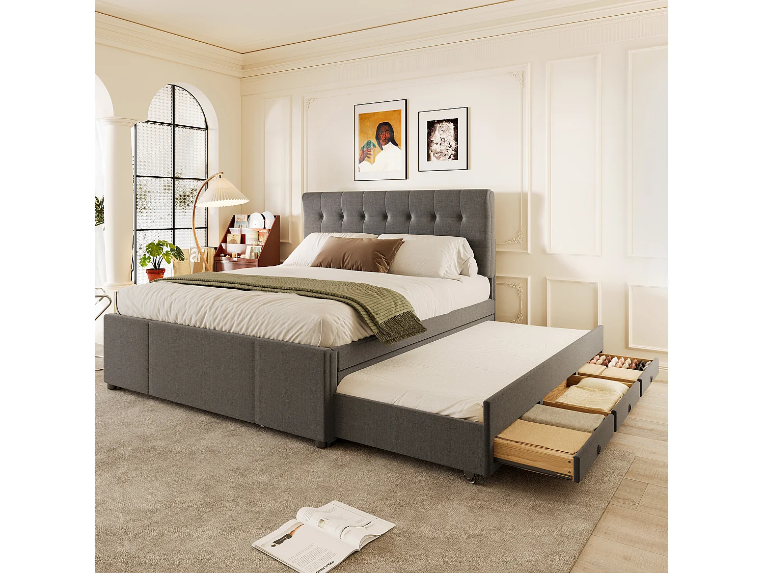 Bed 140x200 cm met 3 lades, uitschuifbaar bed, verstelbaar hoofdeinde, linnen, grijs (200x140x111,5 cm)