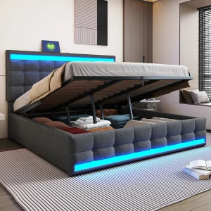 Bed met opbergruimte 180×200 cm, met USB en RGB LED-verlichting, hydraulisch, houten frame, grijs (208x186x112 cm) Bed met opbergruimte 180×200 cm, met USB en RGB LED-verlichting, hydraulisch, houten frame, grijs (208x186x112 cm)