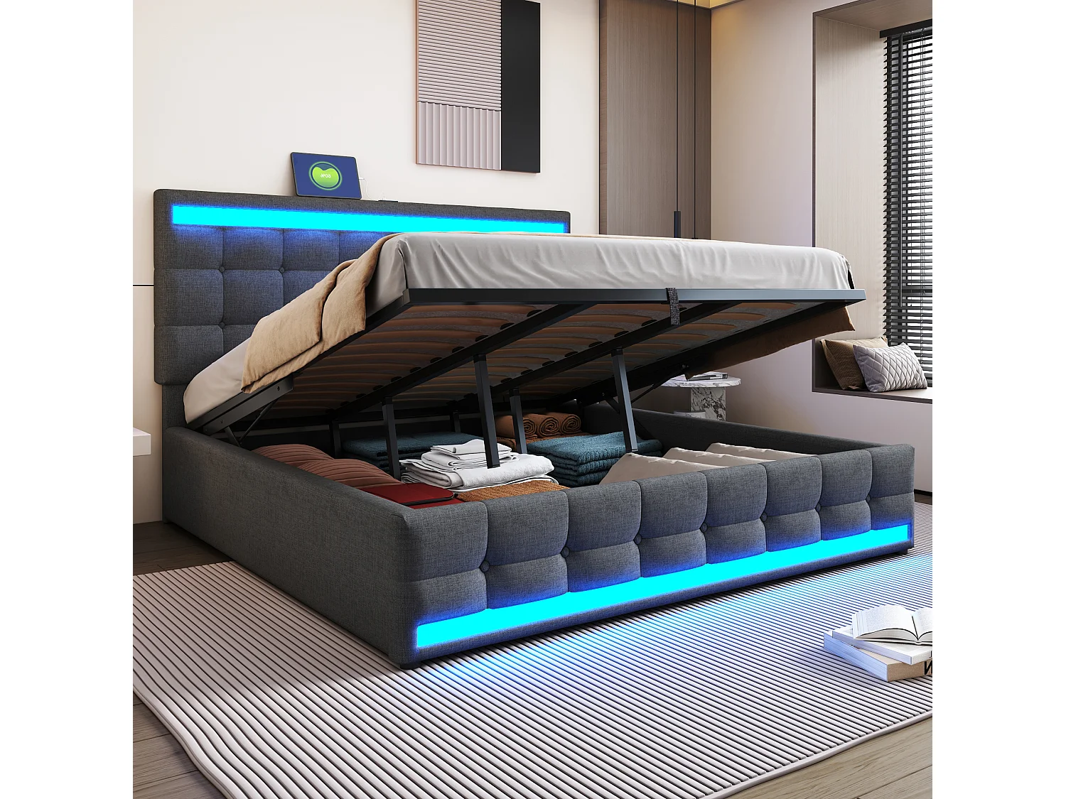 Bed met opbergruimte 180x200 cm, met USB en RGB LED-verlichting, hydraulisch, houten frame, grijs (208x186x112 cm)