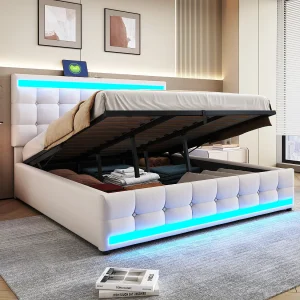 Bed 180×200 cm met opbergruimte, USB en RGB LED, hydraulisch, houten frame, beige (208x186x112 cm)