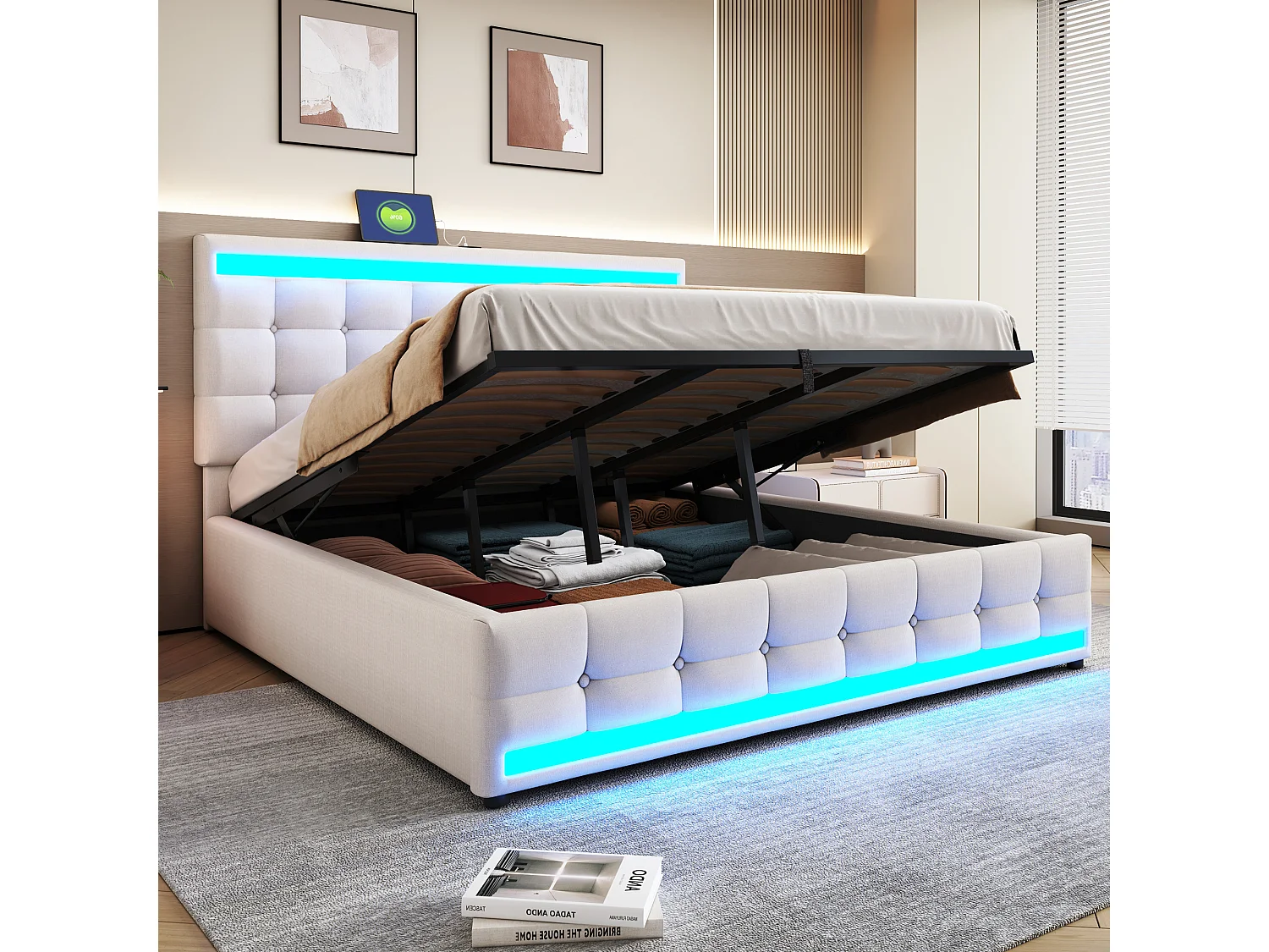 Bed 180x200 cm met opbergruimte, USB en RGB LED, hydraulisch, houten frame, beige (208x186x112 cm)