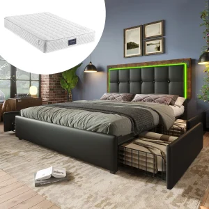 Bed 160×200 cm met LED, 4 lades, verstelbaar hoofdeinde, metalen frame, zwart PU, inclusief matras Bed 160×200 cm met LED, 4 lades, verstelbaar hoofdeinde, metalen frame, zwart PU, inclusief matras
