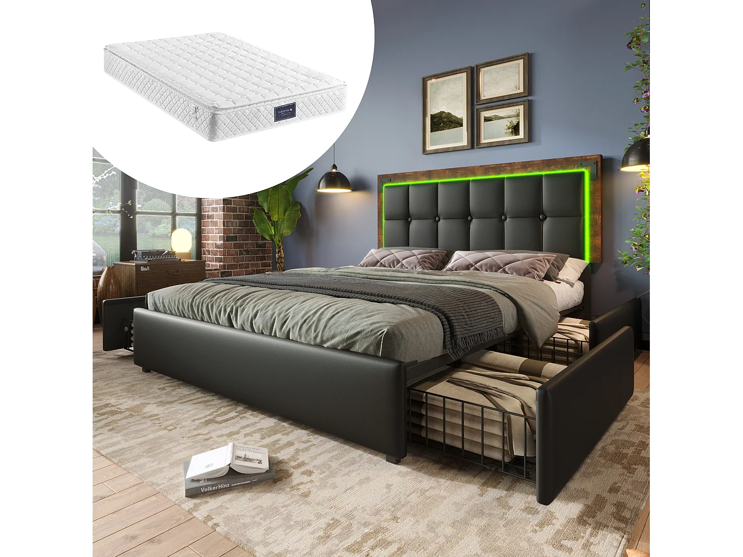 Bed 160x200 cm met LED, 4 lades, verstelbaar hoofdeinde, metalen frame, zwart PU, inclusief matras