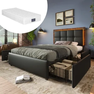Bed 90×200 cm met LED, 4 lades, verstelbaar hoofdeinde, Zwart PU, met matras Bed 90×200 cm met LED, 4 lades, verstelbaar hoofdeinde, Zwart PU, met matras