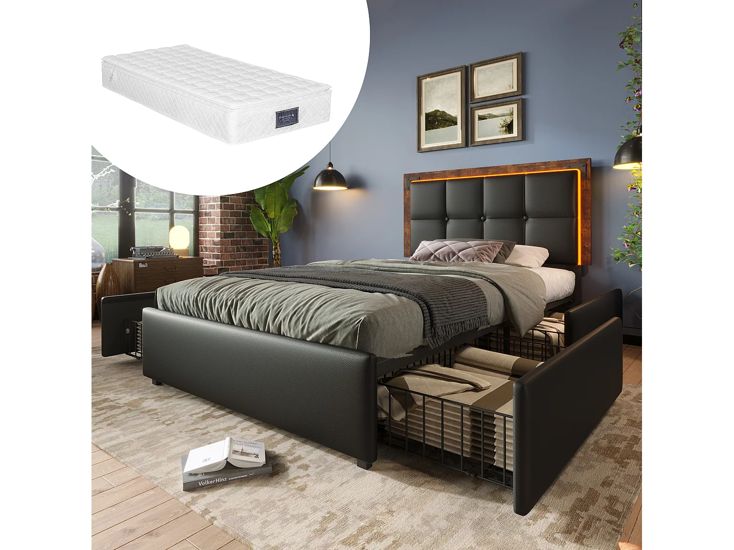 Bed 90x200 cm met LED, 4 lades, verstelbaar hoofdeinde, Zwart PU, met matras