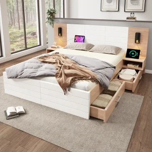 Bed 140×200 cm, 2 nachtkastjes, 4 lades, hoofdeinde met lamp en USB, massief hout en MDF, wit + licht eiken (215x80x207 cm) Bed 140×200 cm, 2 nachtkastjes, 4 lades, hoofdeinde met lamp en USB, massief hout en MDF, wit + licht eiken (215x80x207 cm)