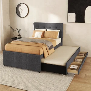Bed met lades, 90×200 cm, Familiebed met verstelbaar hoofdeinde, uitschuifbaar bed, linnen, grijs (200x90x117,5 cm)