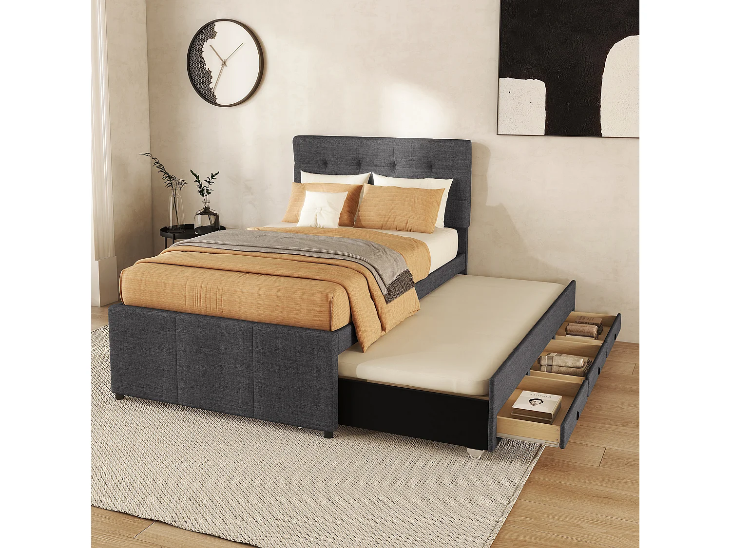 Bed met lades, 90x200 cm, Familiebed met verstelbaar hoofdeinde, uitschuifbaar bed, linnen, grijs (200x90x117,5 cm)
