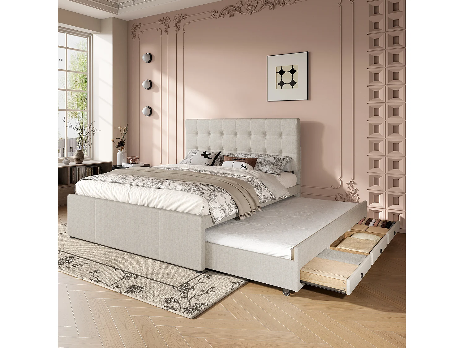 Bed 140x200 cm met 3 lades, uitschuifbaar bed, verstelbaar hoofdeinde, Linnen, Beige (200x140x111,5 cm)