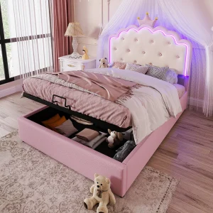 Bed met LED, 140×200 cm, bed met hydraulische opbergruimte en op afstand bedienbare sfeerverlichting, prinsessenvorm, PU, roze (203x143x137,5 cm)