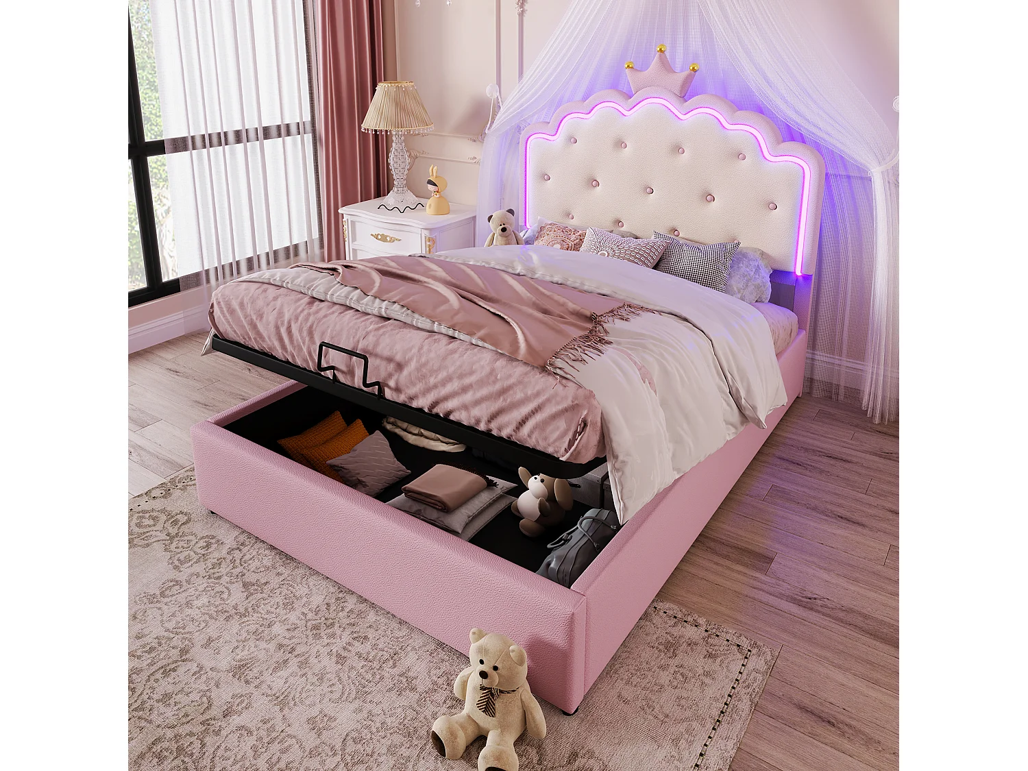 Bed met LED, 140x200 cm, bed met hydraulische opbergruimte en op afstand bedienbare sfeerverlichting, prinsessenvorm, PU, roze (203x143x137,5 cm)