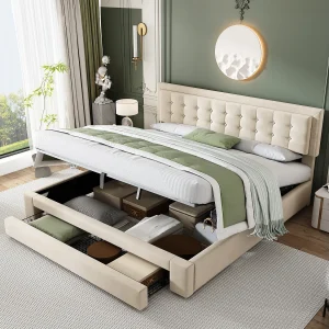 Bed met opbergruimte en lades, 180200 cm, fluweel, lattenbodem, grote opbergruimte, beige