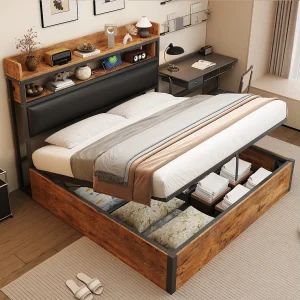Bed 180×200 cm met hydraulische lift, USB, hoofdeinde met planken en opbergruimte, vintage design in metaal en hout, met verborgen opbergruimte (218,5x184x112 cm)