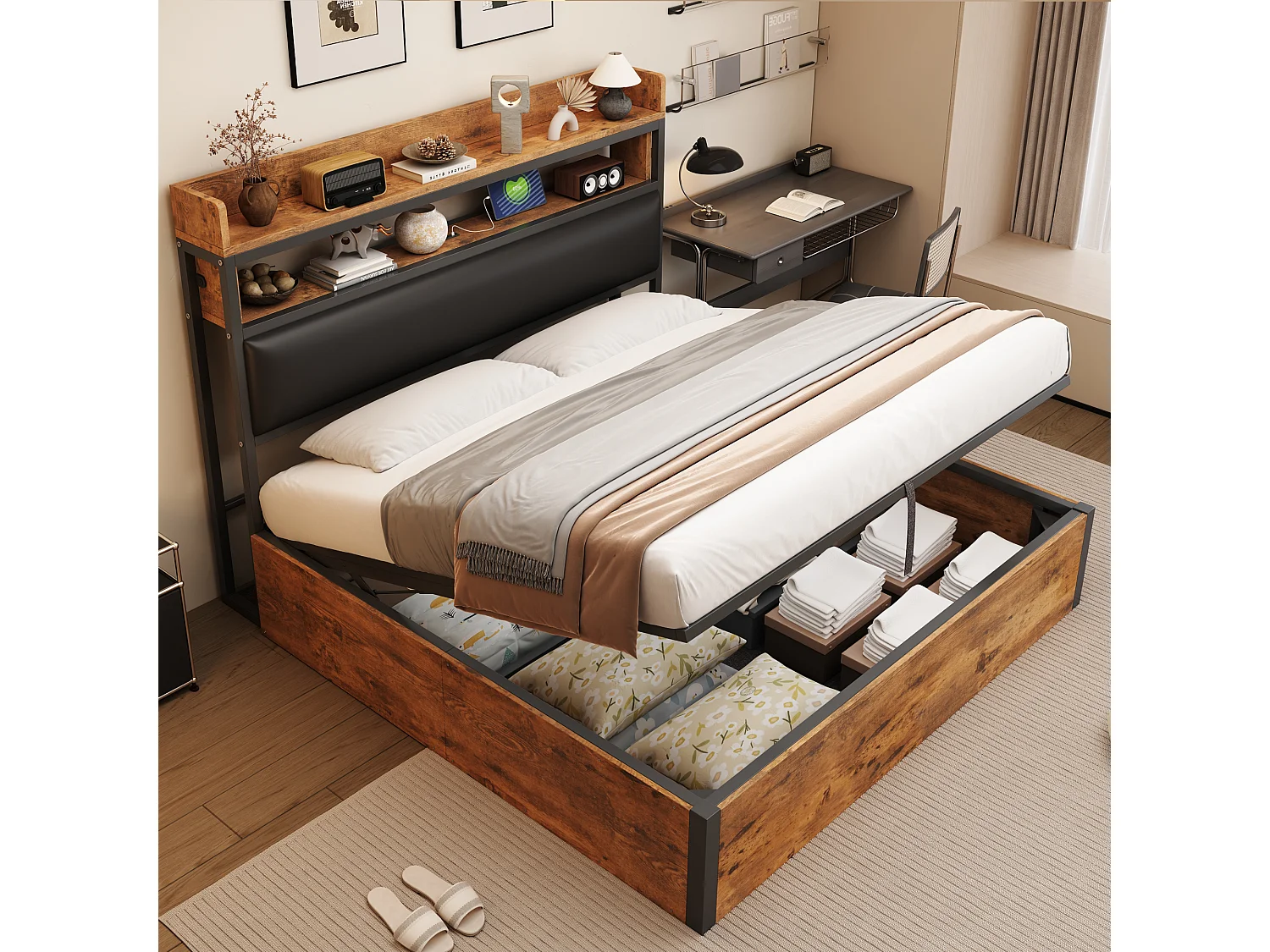 Bed 180x200 cm met hydraulische lift, USB, hoofdeinde met planken en opbergruimte, vintage design in metaal en hout, met verborgen opbergruimte (218,5x184x112 cm)