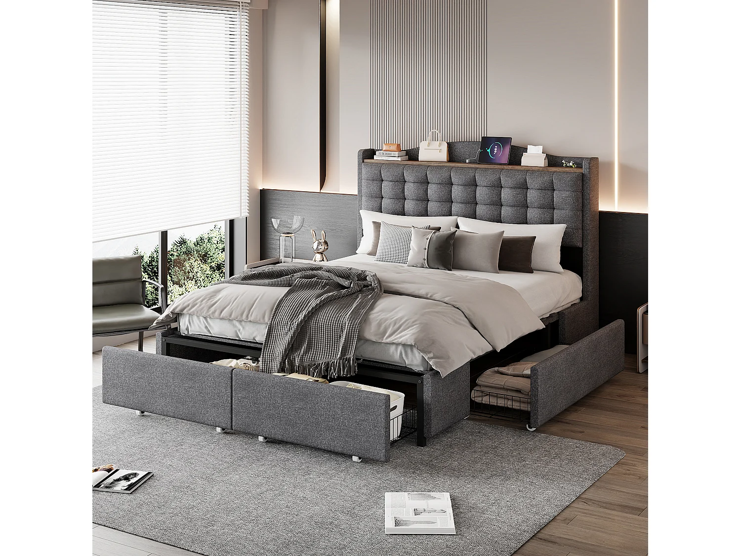 Bed 140x200 cm met hydraulische opbergruimte, LED's aangestuurd door applicatie, USB-poort, metaal, grijs linnen (200x146x110 cm)