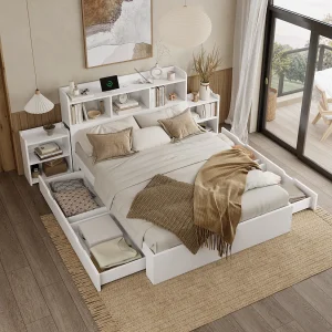 Bed 140×200 cm, met lattenbodem en hoofdbord, 2 uitschuifbare nachtkastjes, telefoonoplaadfunctie, MDF, Wit (140x200x100,5 cm) Bed 140×200 cm, met lattenbodem en hoofdbord, 2 uitschuifbare nachtkastjes, telefoonoplaadfunctie, MDF, Wit (140x200x100,5 cm)
