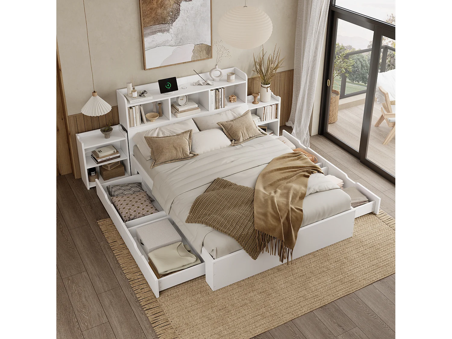 Bed 140x200 cm, met lattenbodem en hoofdbord, 2 uitschuifbare nachtkastjes, telefoonoplaadfunctie, MDF, Wit (140x200x100,5 cm)