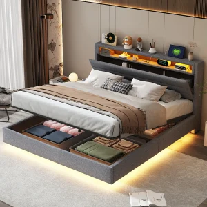 Bed met verstelbaar hoofdeinde 160×200 cm, hydraulisch zwevend frame met opbergruimte, USB en LED, grijze stof (214x161x110 cm)