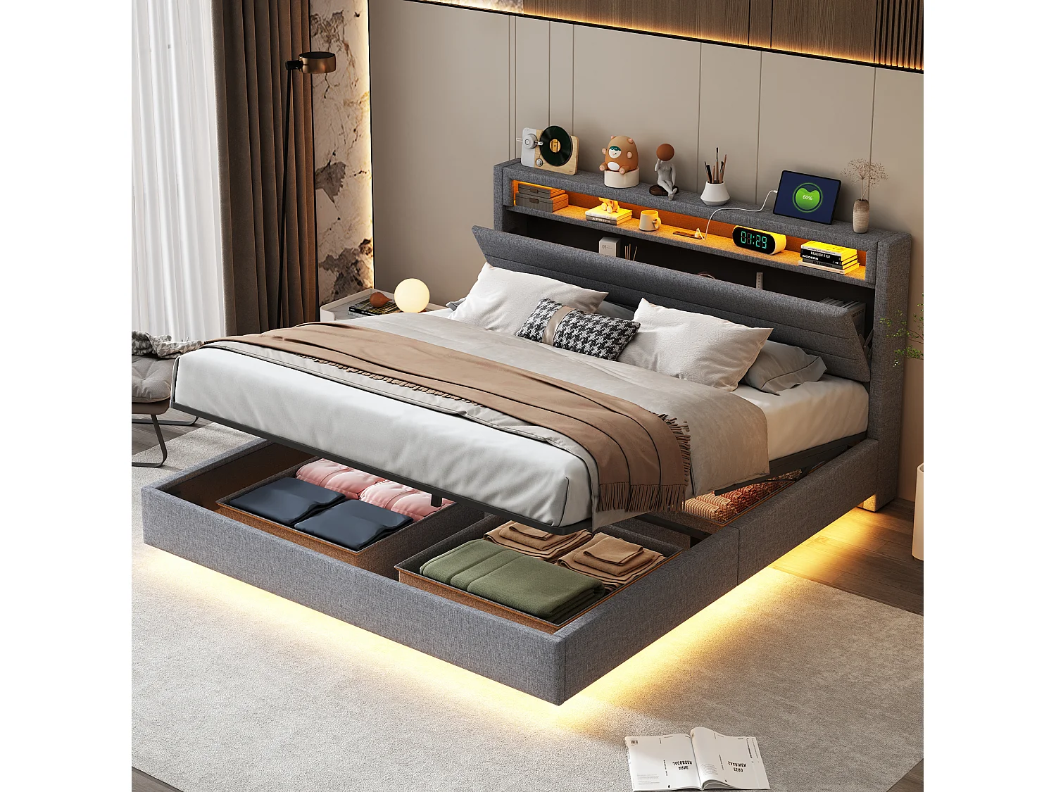 Bed met verstelbaar hoofdeinde 160x200 cm, hydraulisch zwevend frame met opbergruimte, USB en LED, grijze stof (214x161x110 cm)