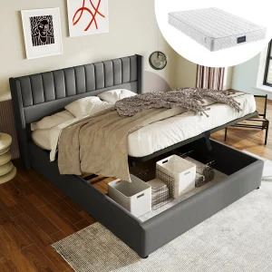 Bed met hydraulische opbergruimte, verstelbaar hoofdeinde, 4 lades, LED-verlichting en USB-oplaadfunctie, in linnen, 140×200 cm (afmetingen: 206x145x107 cm)