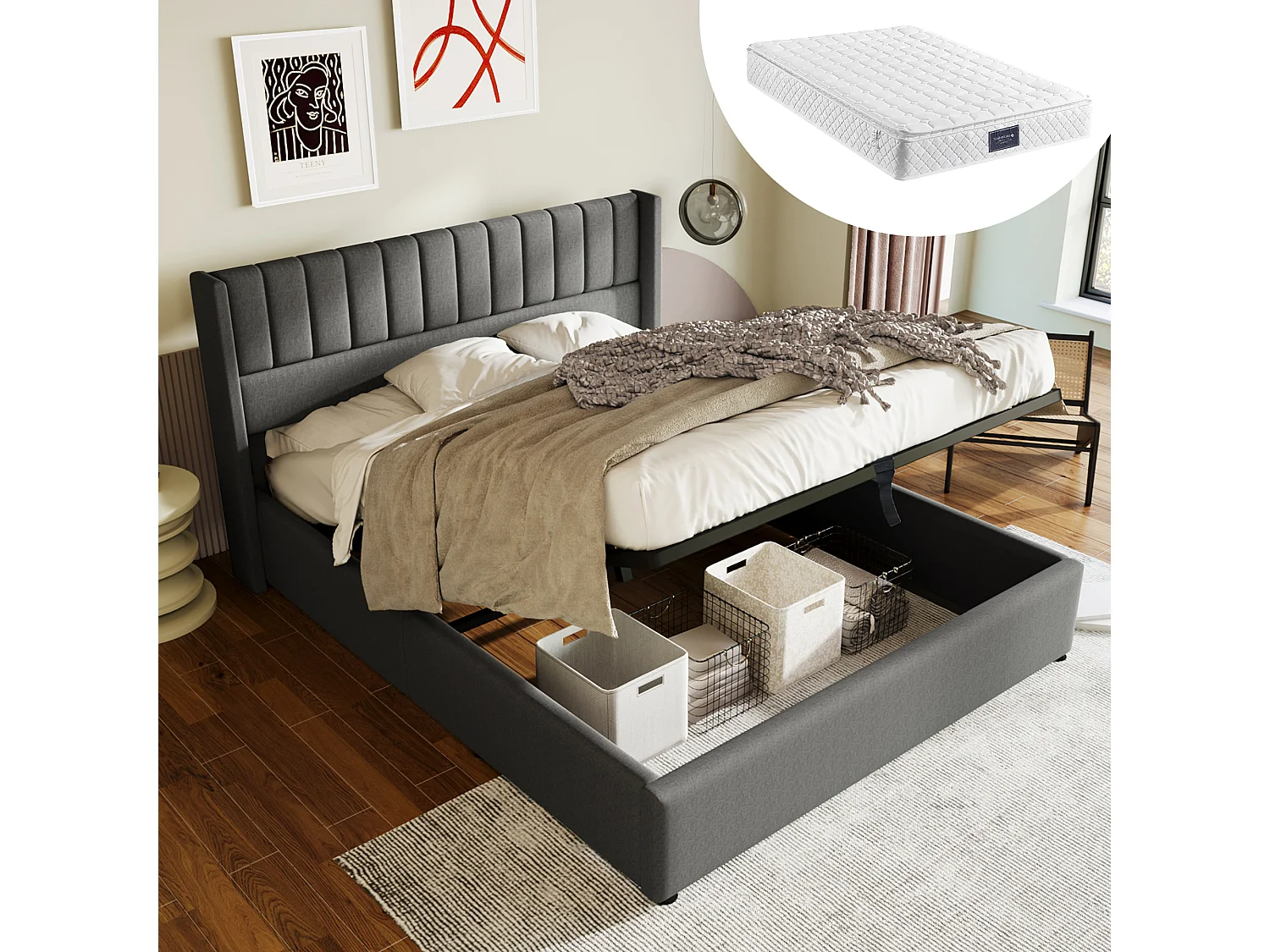 Bed met hydraulische opbergruimte, verstelbaar hoofdeinde, 4 lades, LED-verlichting en USB-oplaadfunctie, in linnen, 140x200 cm (afmetingen: 206x145x107 cm)