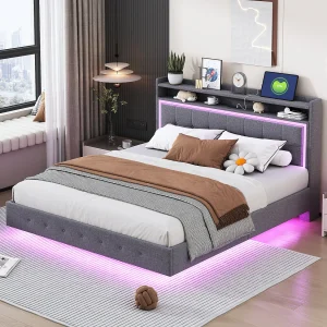 Bed 160×200 cm met USB-aansluiting en ledverlichting, linnen frame met verstelbaar hoofdeinde, grijze kleur (203x144x100 cm) Bed 160×200 cm met USB-aansluiting en ledverlichting, linnen frame met verstelbaar hoofdeinde, grijze kleur (203x144x100 cm)