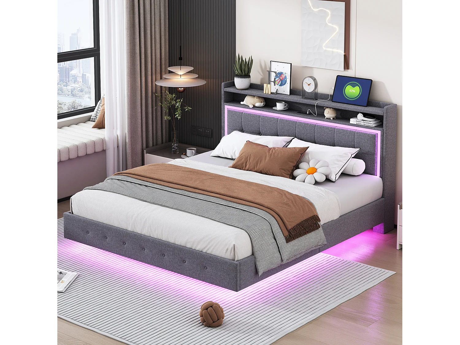 Bed 160x200 cm met USB-aansluiting en ledverlichting, linnen frame met verstelbaar hoofdeinde, grijze kleur (203x144x100 cm)