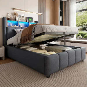 Bed 90×200 cm met LED, USB-aansluiting, hoofdbord met planken en opbergruimte, hydraulisch opbergsysteem, grijze linnen stof (215x90x110 cm)
