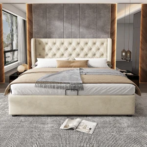 Bed met opbergruimte, gestoffeerd hoofdeinde, fluweel, beige, 180×200 cm, hydraulisch, met 4 lades Bed met opbergruimte, gestoffeerd hoofdeinde, fluweel, beige, 180×200 cm, hydraulisch, met 4 lades