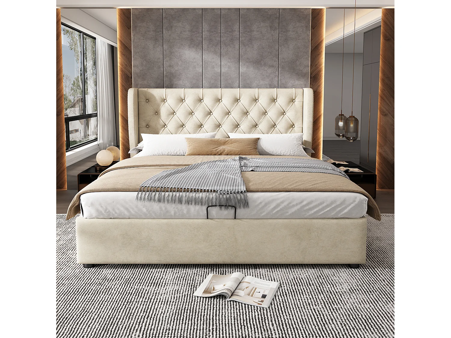 Bed met opbergruimte, gestoffeerd hoofdeinde, fluweel, beige, 180x200 cm, hydraulisch, met 4 lades