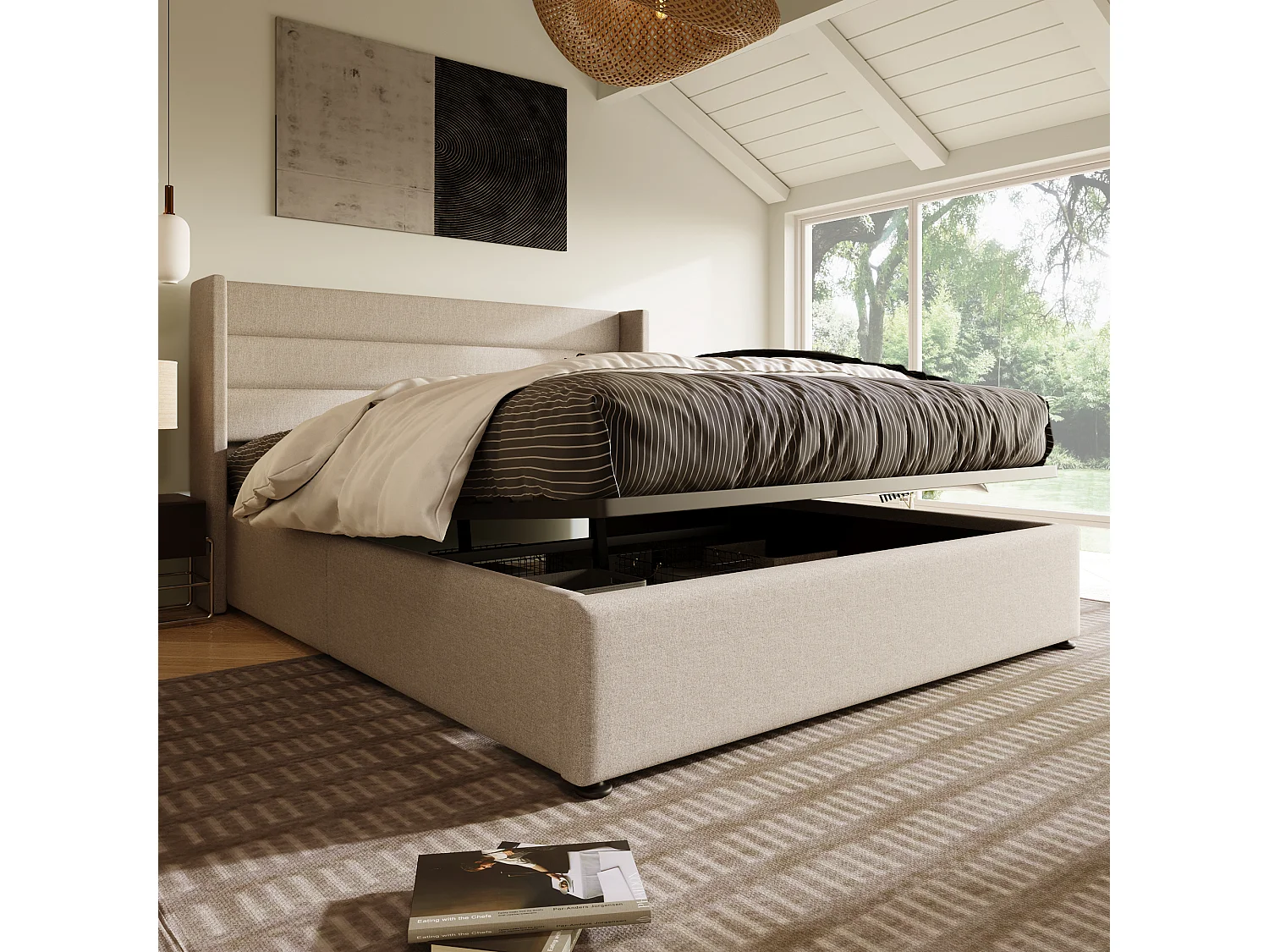 Bed met opbergruimte, tweepersoonsbed 180x200 cm, verstelbaar hoofdeinde, beige linnen stof, metalen en houten onderstel (214,5x193,5x114 cm)