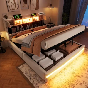 Bed met hoofdeinde en opbergruimte, 160x200cm, Bed met LED-verlichting, USB-oplaadfunctie, Beige (220x166x111 cm) Bed met hoofdeinde en opbergruimte, 160x200cm, Bed met LED-verlichting, USB-oplaadfunctie, Beige (220x166x111 cm)