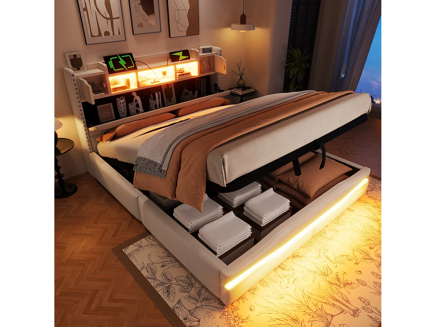 Bed met hoofdeinde en opbergruimte, 160x200cm, Bed met LED-verlichting, USB-oplaadfunctie, Beige (220x166x111 cm)