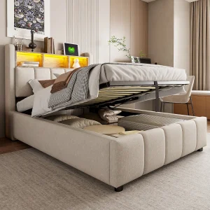 Bed 90×200 cm met LED, USB-aansluiting, hoofdbord met planken en opbergruimte, hydraulisch opbergsysteem, beige linnen stof (215x90x110 cm) Bed 90×200 cm met LED, USB-aansluiting, hoofdbord met planken en opbergruimte, hydraulisch opbergsysteem, beige linnen stof (215x90x110 cm)