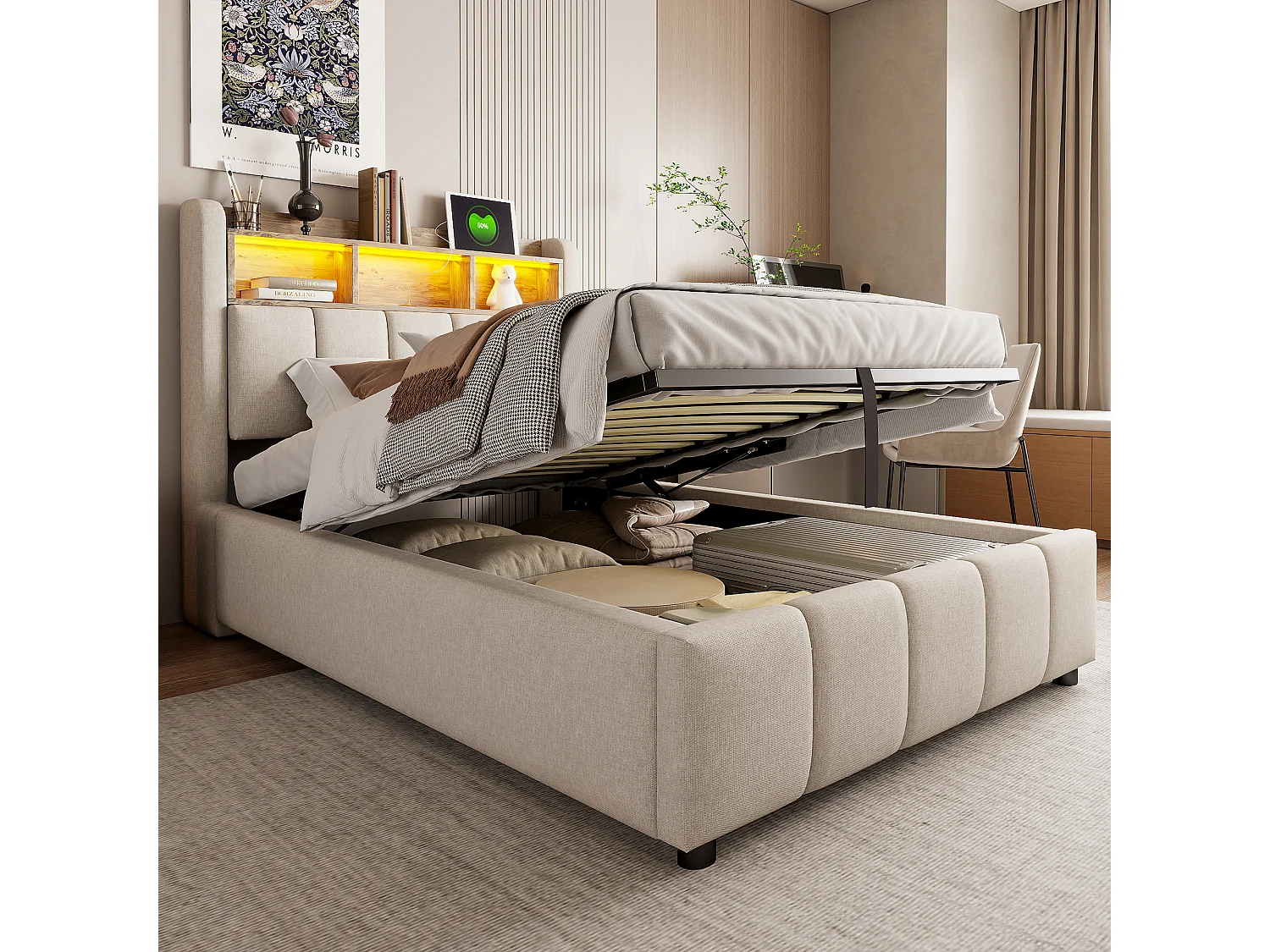 Bed 90x200 cm met LED, USB-aansluiting, hoofdbord met planken en opbergruimte, hydraulisch opbergsysteem, beige linnen stof (215x90x110 cm)