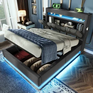 Bed 90×200 cm met opberghoofdeinde, USB- en Type-C-aansluitingen, LED-verlichting, met hydraulische opbergruimte, in grijs linnen (218x92x112 cm)